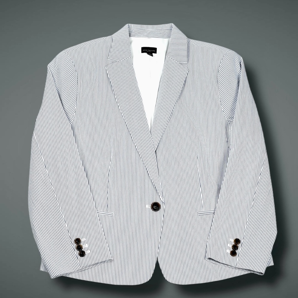 Ann Taylor Factory Womens Striped Blazer Size 16 Blue White Cotton Blend Jacket - Picture 8 of 15